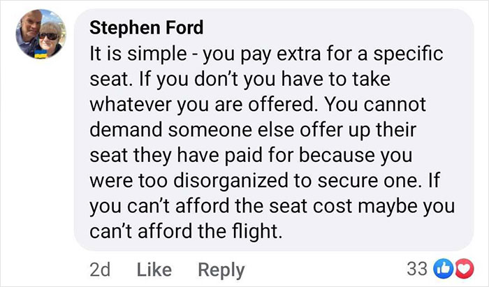 Comment debating seat swap rules with a focus on paying extra for specific seats on an airline flight.