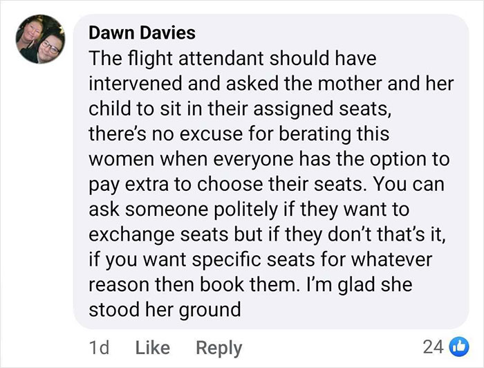 Online comment discussing seat swap refusal, flight attendant intervention, and passenger rights on airline.