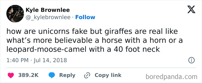 Tweet humorously questioning the existence of unicorns and giraffes, highlighting a humorous take with "Thanks, I Hate It" vibe.