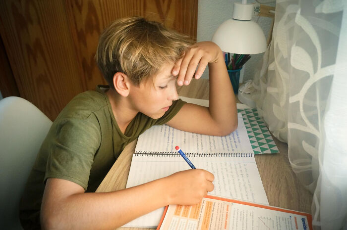 Young boy studying with a book and notebook, illustrating realizations made as an adult.