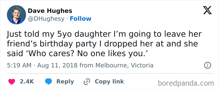 Parent tweeting about an awkward conversation with daughter, sharing a humorous exchange about a friend's birthday party.