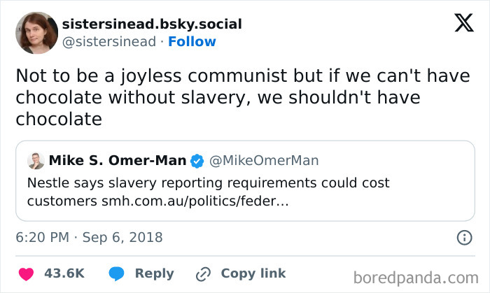 Tweet about chocolate and slavery issues, highlighting a funny but sad problem.