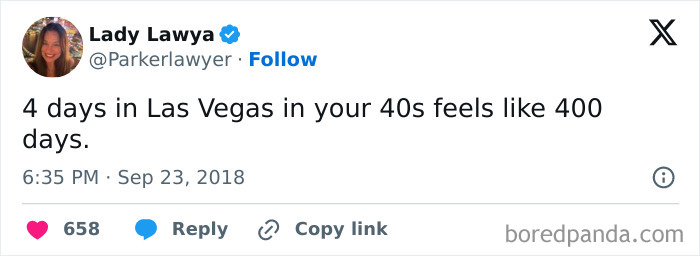 Tweet humorously describes 4 days in Las Vegas in your 40s feeling like 400 days.