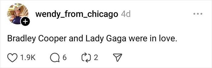 Social media post by wendy_from_chicago discussing a celebrity rumor about Bradley Cooper and Lady Gaga.