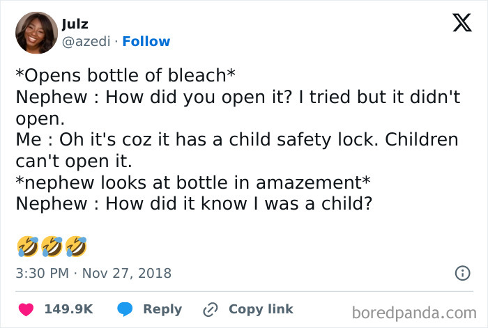 Tweet humorously highlights awkward parents-kids conversations about child safety locks with a curious child response.