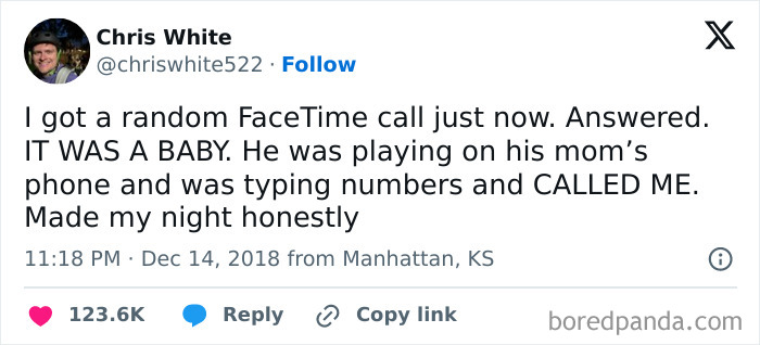 Tweet about an unexpected FaceTime with a baby, highlighting funny moments of millennial life.