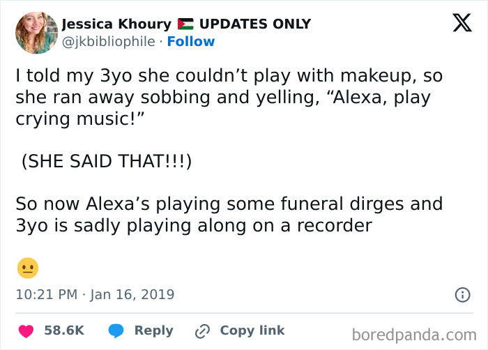 Tweet about awkward parents-kids conversation where a 3-year-old requests Alexa to play crying music after being upset.