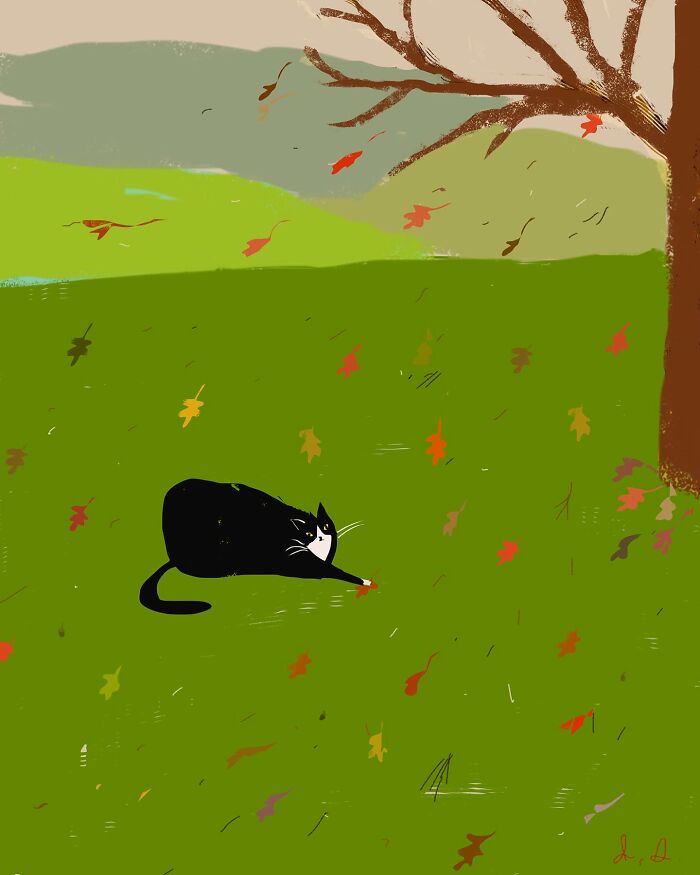 Cozy illustration of a black cat lounging on grass with falling autumn leaves by Jamie Shelman.