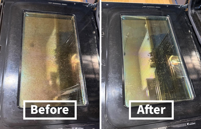 Before and after comparison of oven glass cleaned using popular panda product.