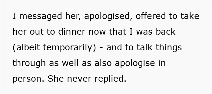 Text about apologizing and offering dinner to discuss the friend-relationship.