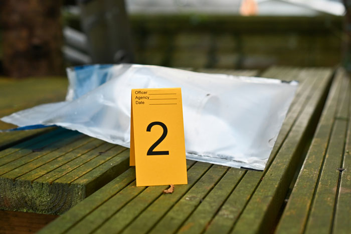 Evidence marker number 2 placed on a wooden surface at a crime scene, related to unsolved true crime cold cases.