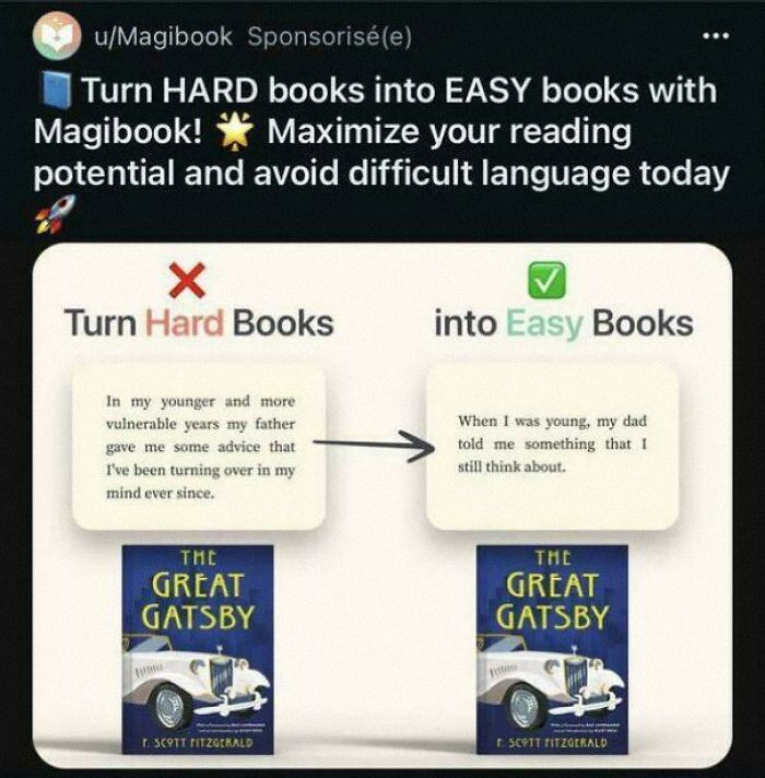 Ad promoting book simplification, highlighting a translation of "The Great Gatsby" to easier language, suggesting a dystopian trend.