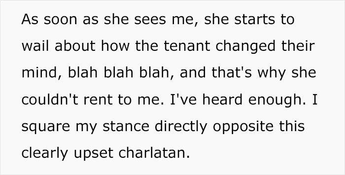 Text discussing a rental scam involving an upset person, highlighting a charlatan's excuses and a victim's response.