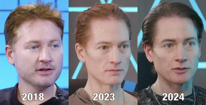 Billionaire's aging reversal journey: three side-by-side portraits from 2018, 2023, and 2024.