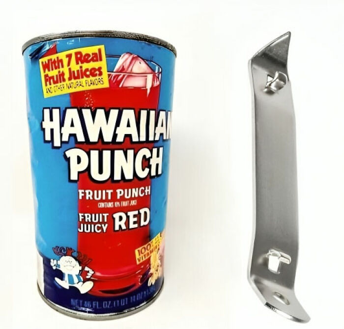 Gen X humor: a can of Hawaiian Punch with a vintage can opener.