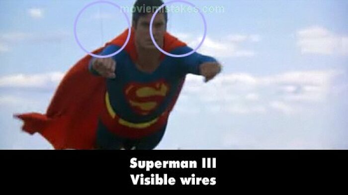 Superman flying scene with visible wires, demonstrating funny movie mistakes.