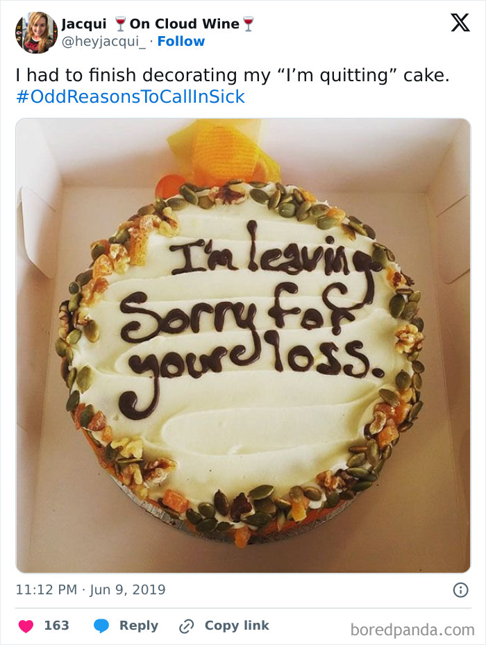 Cake with message "I'm leaving, sorry for your loss," related to people quitting jobs.