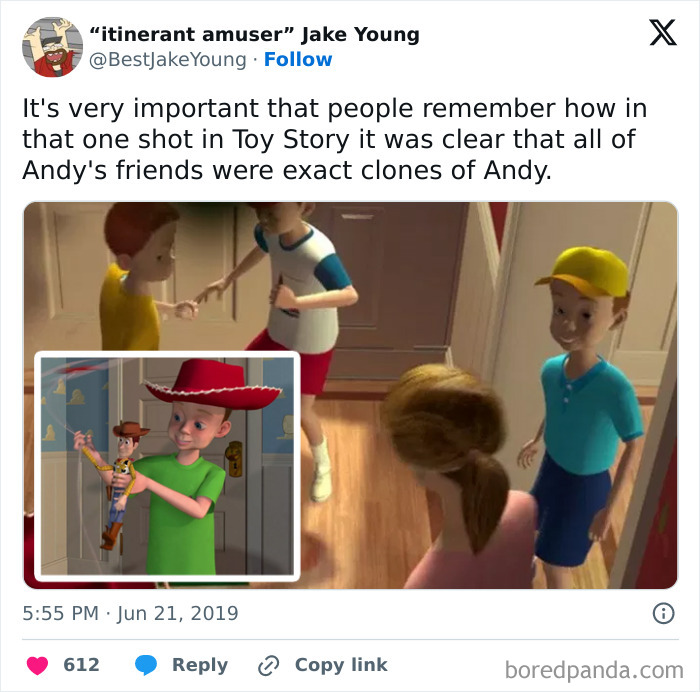 Toy Story scene highlighting identical friends of Andy, humorously noted for their clone-like appearance.