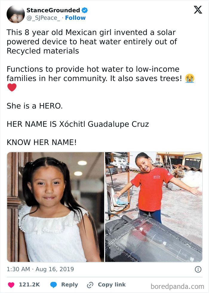 Young girl shows kindness with solar invention, providing hot water to her community using recycled materials.