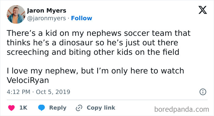 Tweet by Jaron Myers humorously describing a kid acting like a dinosaur at a soccer game. Hilarious-Kids moment.