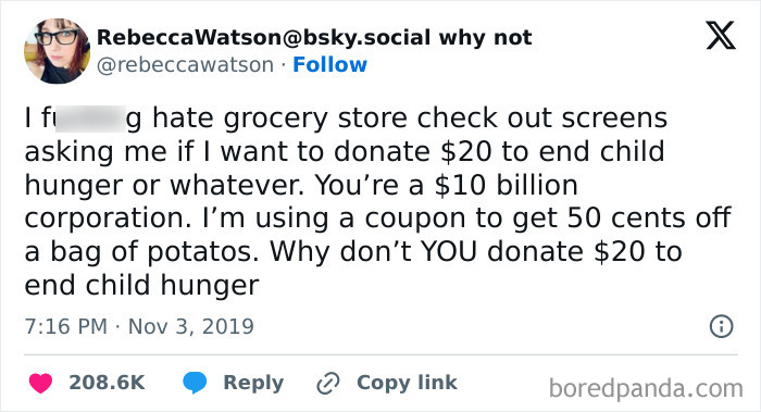 Tweet expressing frustration at grocery stores asking for child hunger donations.