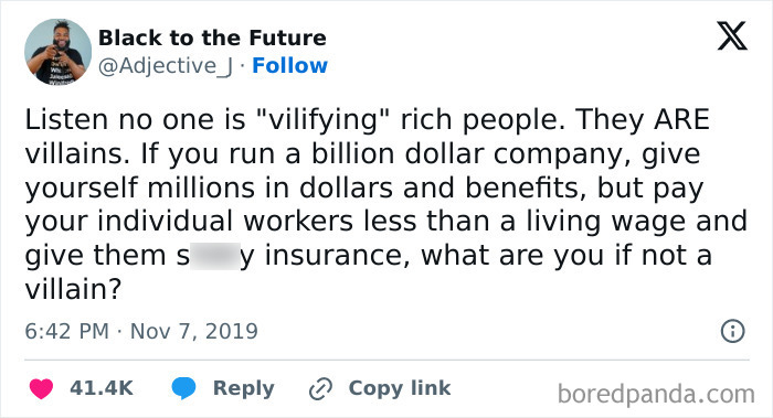 Social media post criticizing billionaires for low wages, highlighting kindness and fairness in the world.