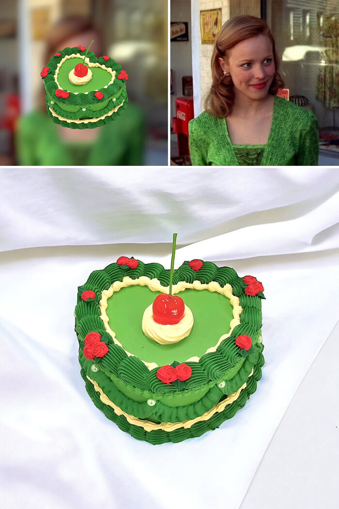 Cake-inspired storage box with green icing and cherry design, influenced by movies and series.