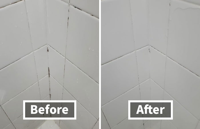 Before and after image of cleaned bathroom tiles using popular crowd-pleaser Panda products.