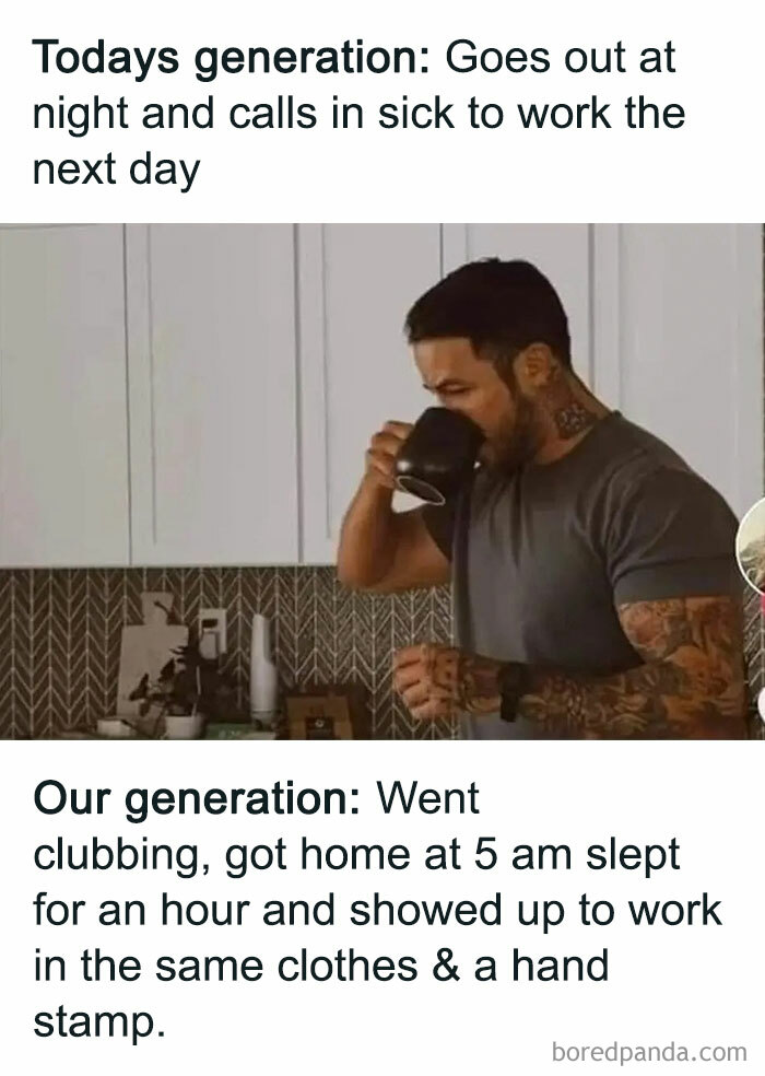 Man drinking coffee, highlighting funny Gen X post comparing work habits of different generations.