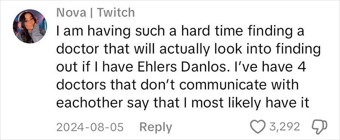 Comment discussing difficulty in getting Ehlers Danlos diagnosis and doctors lacking communication, with viral response.