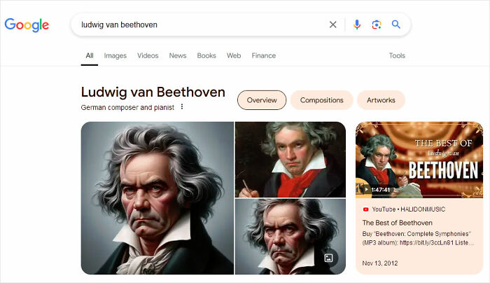 Search results for Ludwig van Beethoven showing images and related video links in a "boring dystopia" context.