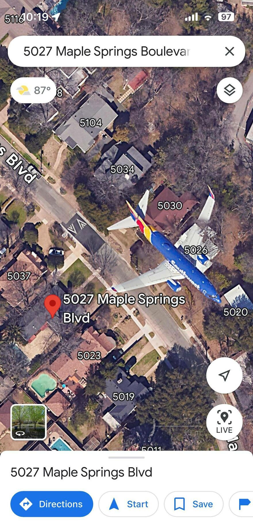 Google Earth view shows a plane overlay at 5027 Maple Springs Blvd with surrounding houses and streets visible.