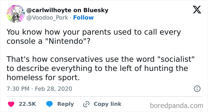 Tweet humorously comparing video game consoles and political terms, evoking laughter and despair.