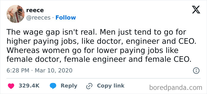 Tweet humorously addresses wage gap by comparing job titles with gender labels, sparking both laughter and despair.