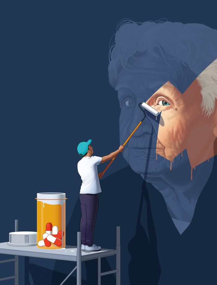 Person on scaffolding painting elderly face, illustrating political and human topics. Large pill bottle nearby.