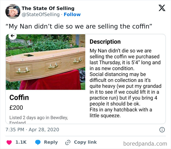 Coffin for sale online with humorous description, priced at £200.