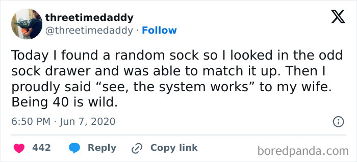 Tweet about finding a matching sock in the 40s, highlighting unexpected joys and challenges of being in your 40s.