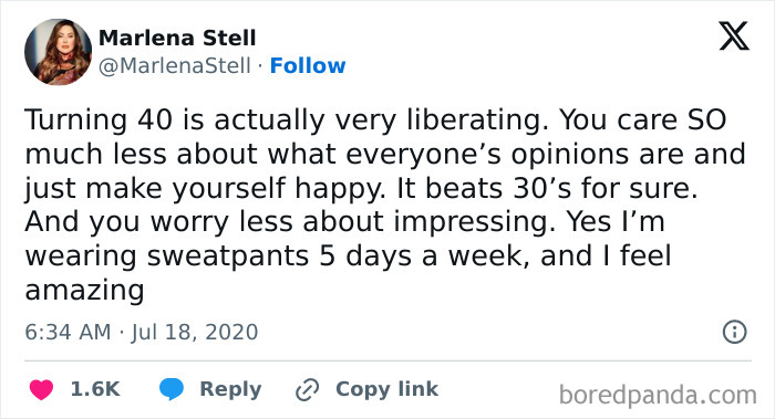 Tweet about turning 40 and feeling liberated, caring less about opinions, and enjoying comfort like wearing sweatpants.