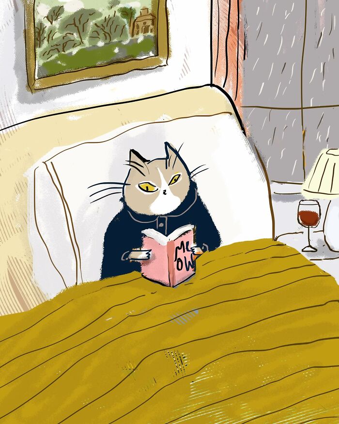 Cozy illustration of a cat reading a book titled "Meow" in bed, perfect for cat lovers.