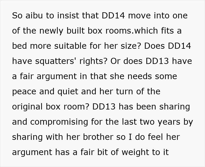 Text discussing room allocation and potential squatters' rights within a family home.