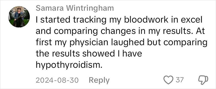 Social media comment about tracking bloodwork and discovering hypothyroidism, relevant to medical binder hack.