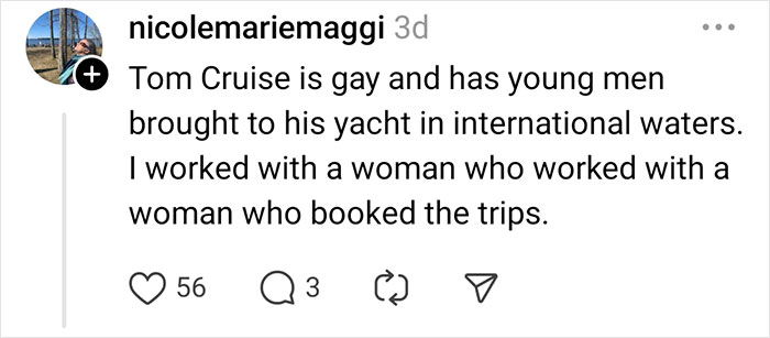 Instagram comment about celebrity rumors, with user sharing an unverified claim involving Tom Cruise.