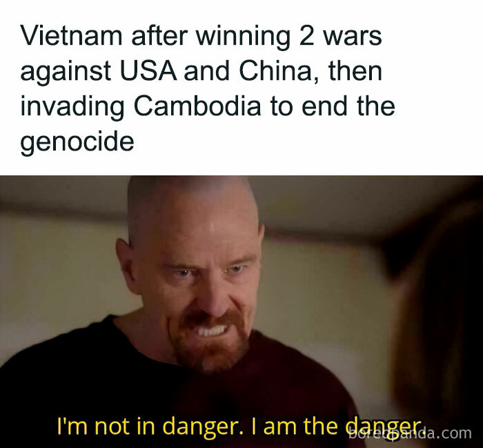 Grinning man from a meme humorously depicting Vietnam's historical conflicts and actions.