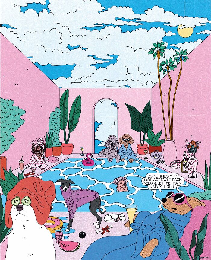 Illustration of dogs in a colorful spa setting, using humor and sarcasm, relaxing by a pool with plants and a pink sky.