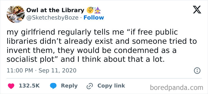 Tweet about public libraries potentially being seen as a socialist plot if invented today; evokes humor and reflection.