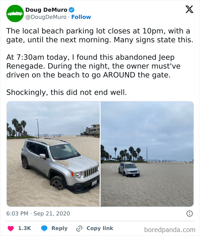 Jeep Renegade stuck on sandy beach with palm trees in background, showcasing a classic "idiots in cars" scenario.