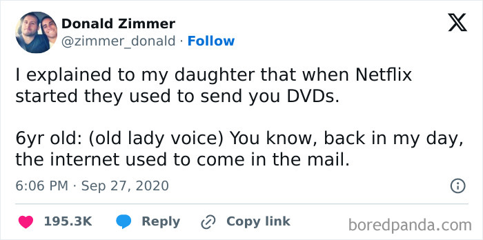 Tweet capturing a funny moment with a child joking about Netflix DVDs and the internet. Hilarious-kids perspective on old technology.