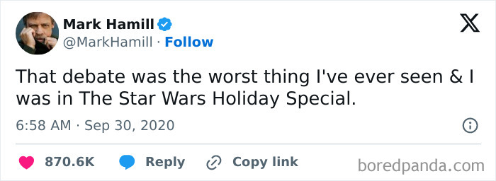 Mark Hamill tweet with a witty comeback about a debate and The Star Wars Holiday Special.