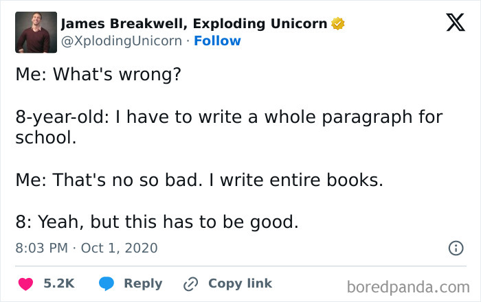 Tweet about a funny interaction with a child struggling to write a paragraph, highlighting hilarious kids' logic.