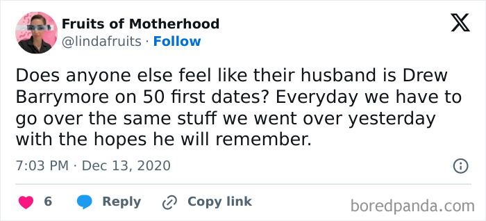 Funny post about wives feeling like their husbands have memory issues, comparing them to a comedic movie character.